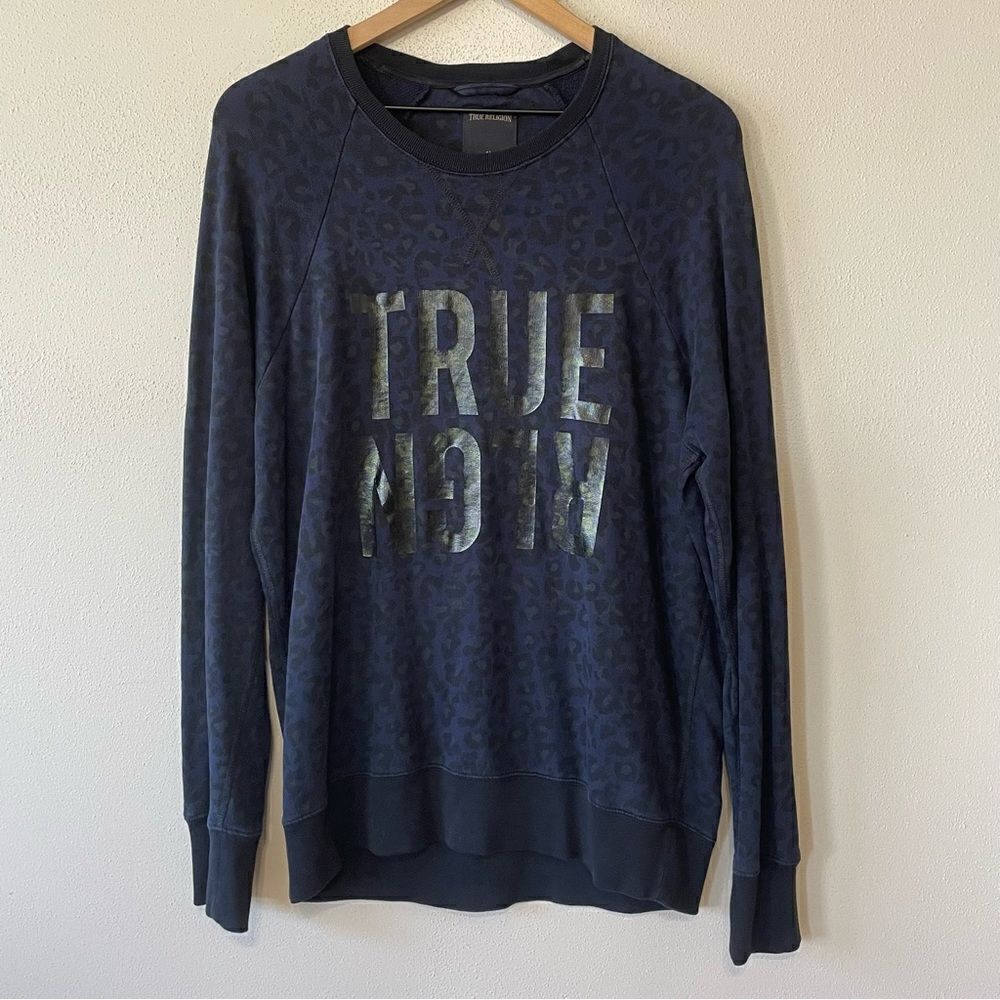 True Religion Dark Blue Leopard Print Pullover Sweater - Size: Medium